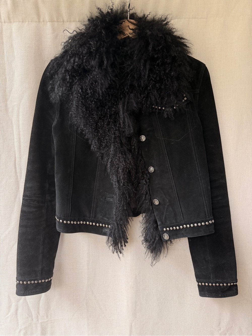 bebe Black Suede Leather Jacket with Faux Fur Trim